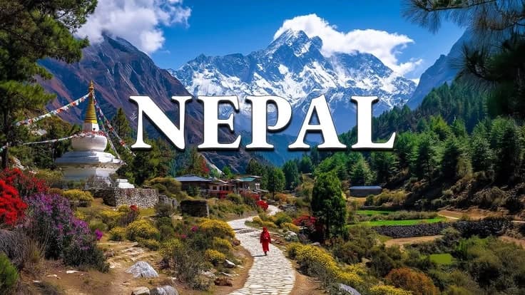 A scenic Himalayan landscape with a white stupa, a walking monk, and snow-capped peaks under the word "NEPAL".