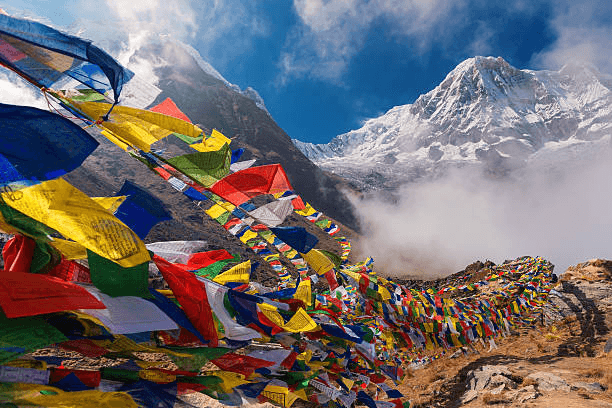 Nepal mountains with prayer flags landscape view