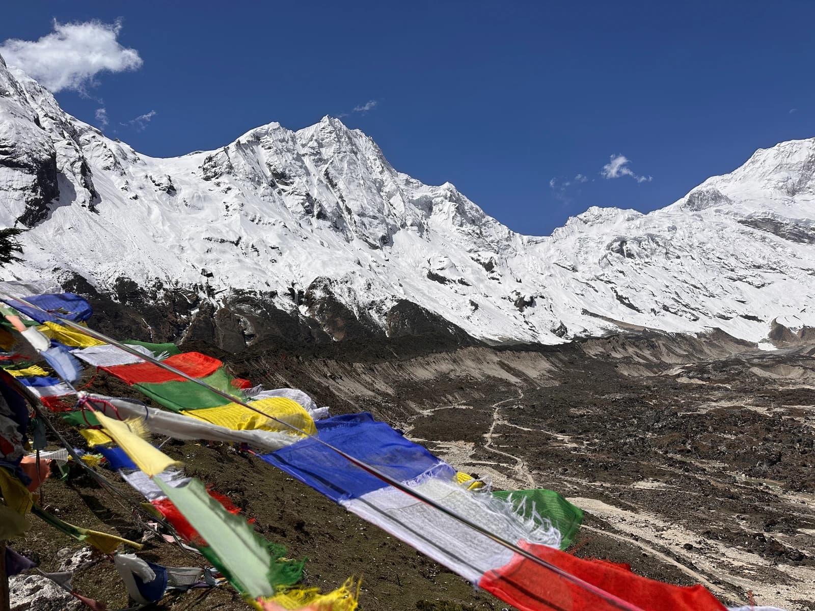 Colorful prayer flags in the foreground frame a vast rocky valley leading up to towering snow-capped mountains.