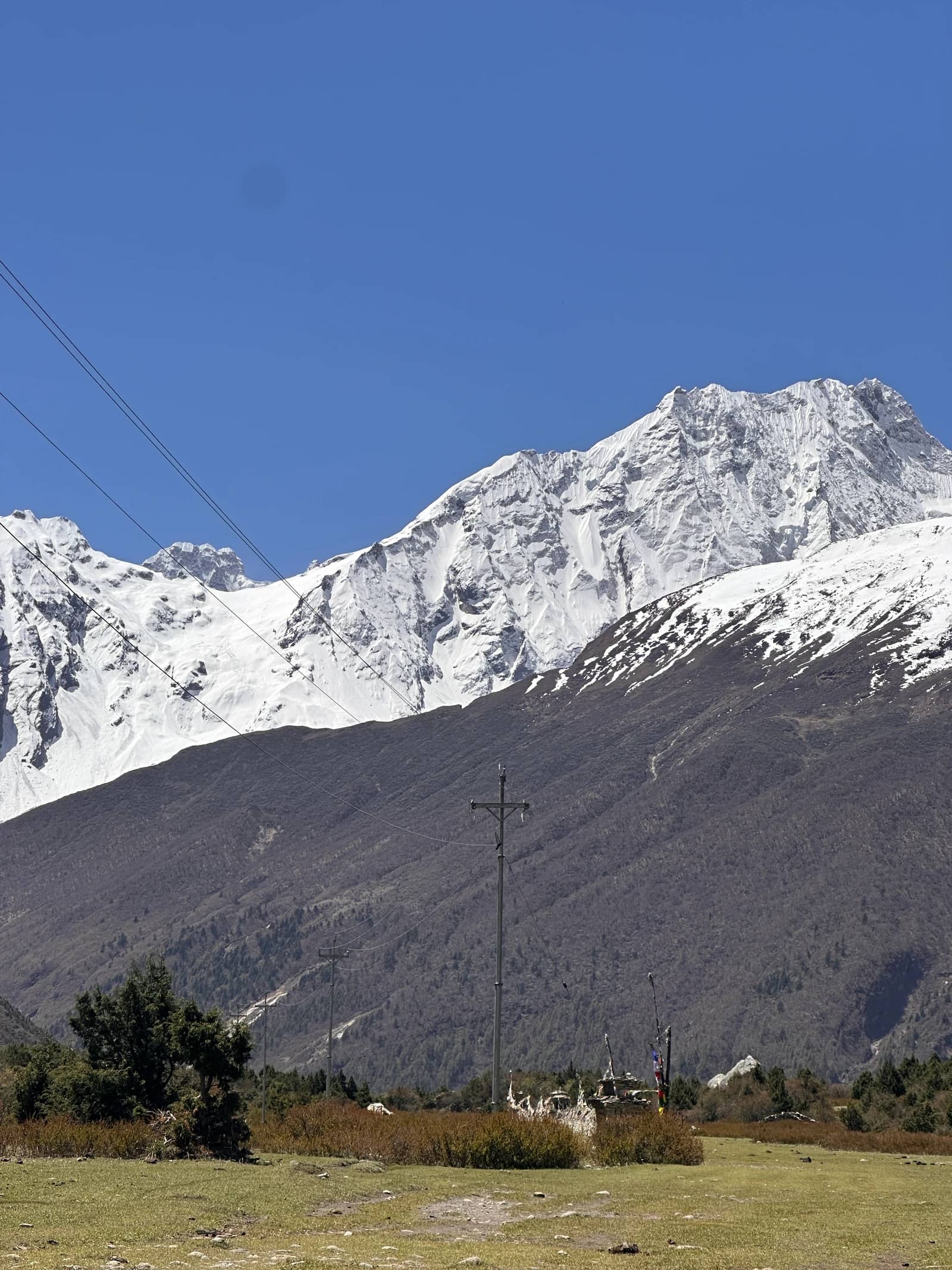 Snow-capped mountains rise behind a dark forested hill, with power lines and a utility pole in the foreground.